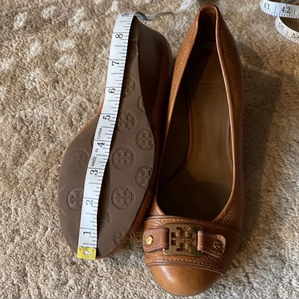 Tory Burch Cognac Leather Wedge Pumps with Gold Logo Accent